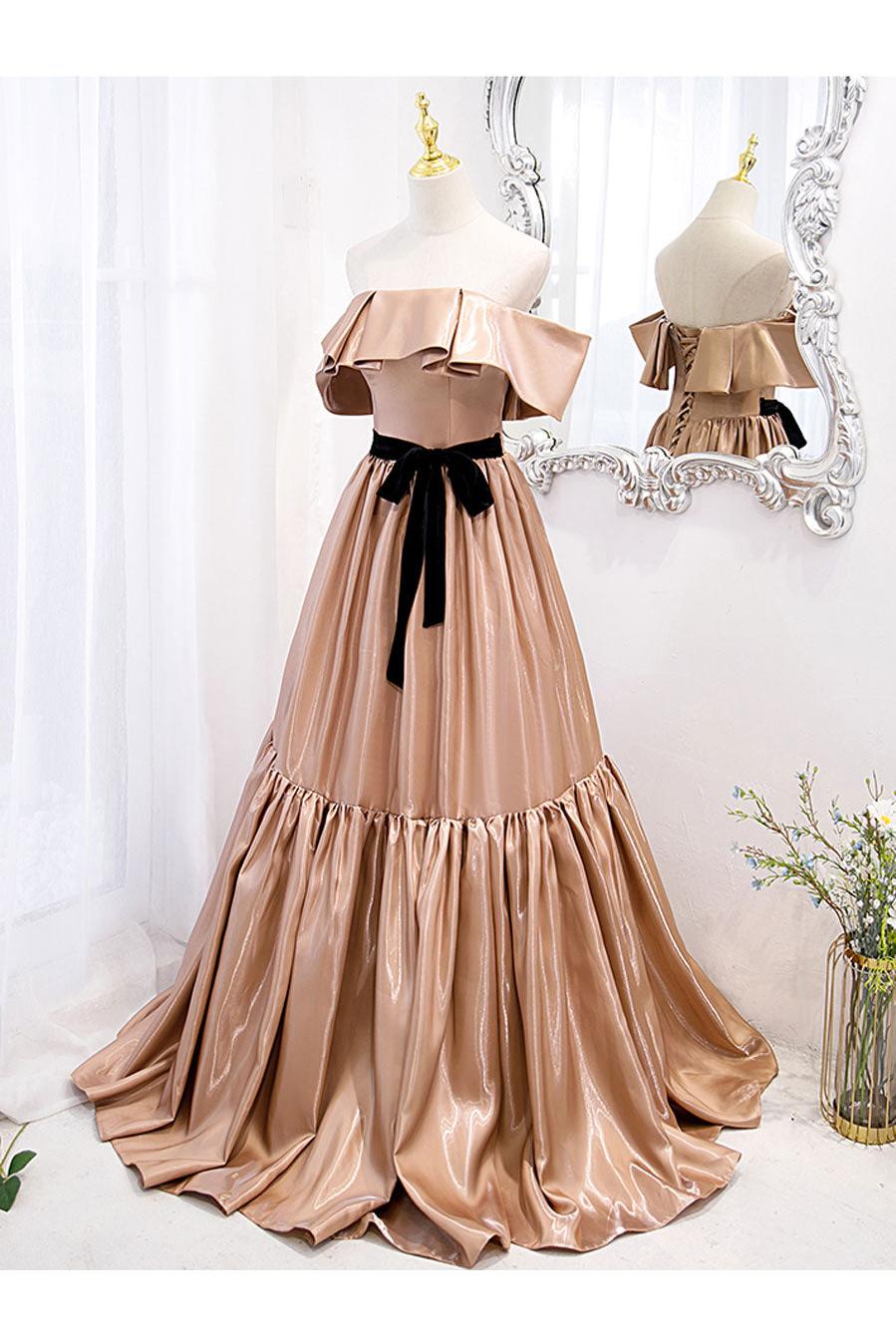 Handmade Bridesmaid DressSimple Champagne Off the Shoulder Long Wedding Guest Dress