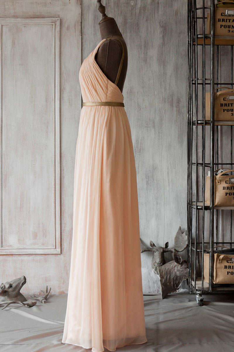 Handmade Bridesmaid DressSimple Pink Chiffon Long Wedding Guest Dress