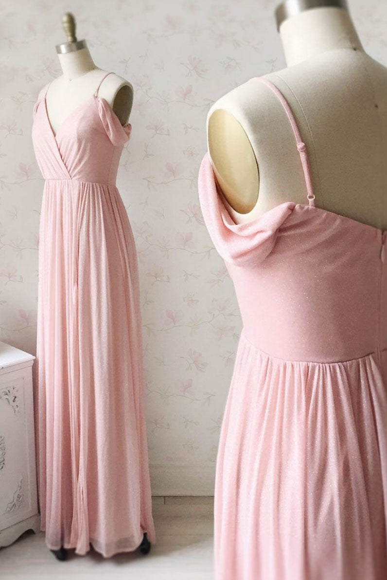 Handmade Bridesmaid DressSimple V Neck Off the Shoulder Pink Wedding Guest Dress