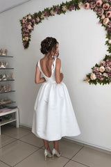 Handmade Bridesmaid DressSimple V Neck Satin Tea Length Wedding Guest Dress