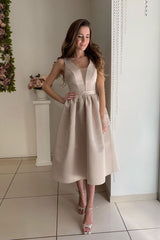 Handmade Bridesmaid DressSimple V Neck Satin Tea Length Wedding Guest Dress