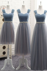 Handmade Bridesmaid DressSimple V Neck Tulle Gray Blue Wedding Guest Dress