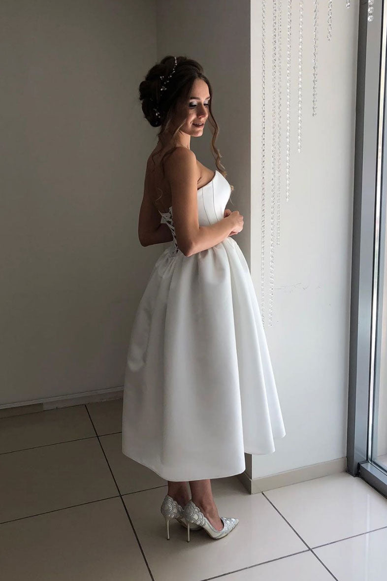Handmade Bridesmaid DressSimple White Sweetheart Satin Short Wedding Guest Dress