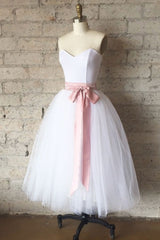 Handmade Bridesmaid DressSimple White Tulle Tea Length Wedding Guest Dress