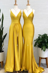 Handmade Bridesmaid DressSimple Yellow Satin Long Wedding Guest Dress