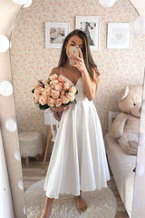 Handmade Bridesmaid DressWhite V Neck Tea Length Satin Wedding Guest Dress