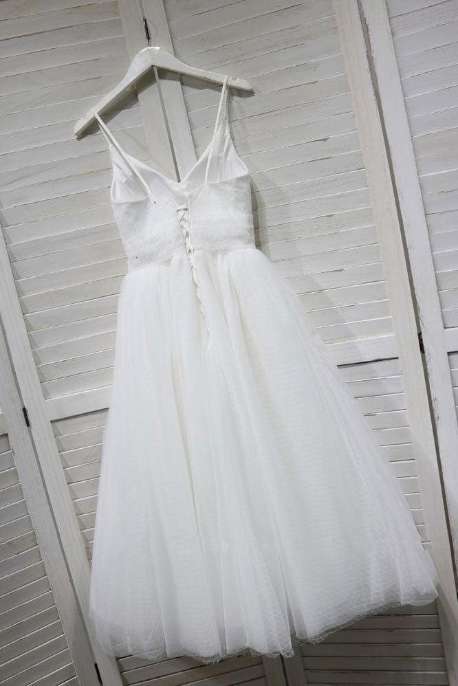Handmade Bridesmaid DressWhite V Neck Tulle Lace Tea Length Wedding Guest Dress