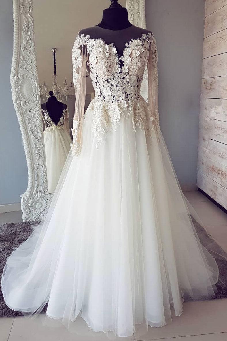 Handmade Ivory Round Neck Lace Appliqus Long Handmade Wedding Dress Bridal Gown