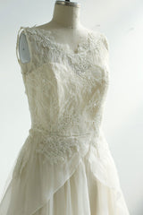 Handmade Ivory Round Neck Lace Chiffon Long Handmade Wedding Dress Lace Bridal Gown