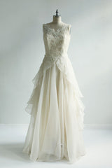 Handmade Ivory Round Neck Lace Chiffon Long Handmade Wedding Dress Lace Bridal Gown