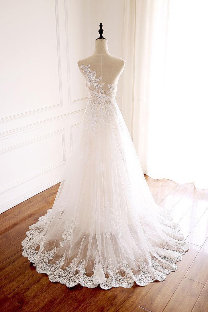 Handmade Ivory Round Neck Tulle Lace Long Handmade Wedding Dress Ivory Tulle Bridal Gown