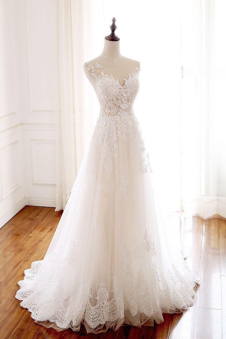 Handmade Ivory Round Neck Tulle Lace Long Handmade Wedding Dress Ivory Tulle Bridal Gown