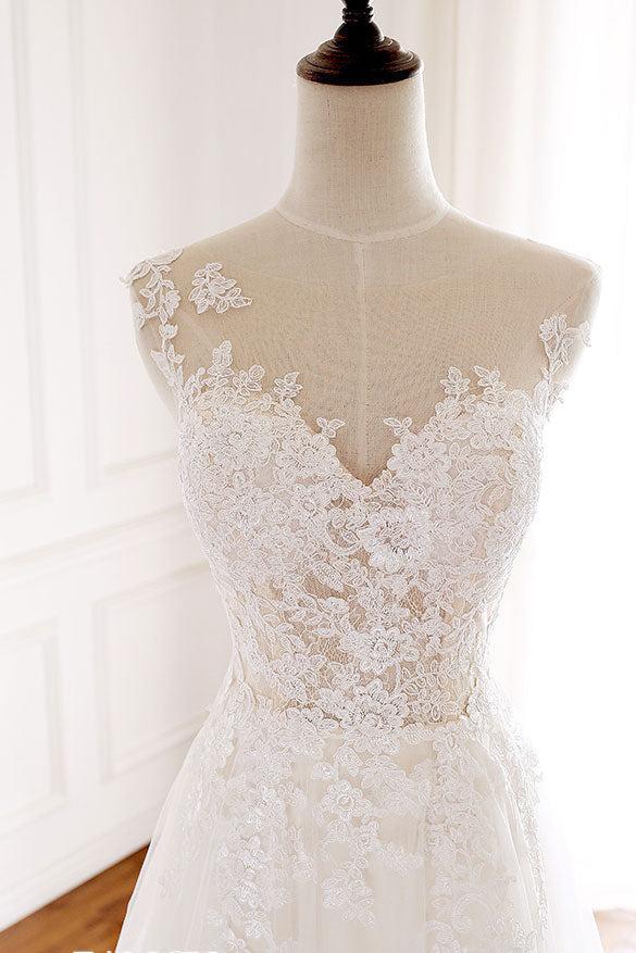 Handmade Ivory Round Neck Tulle Lace Long Handmade Wedding Dress Ivory Tulle Bridal Gown