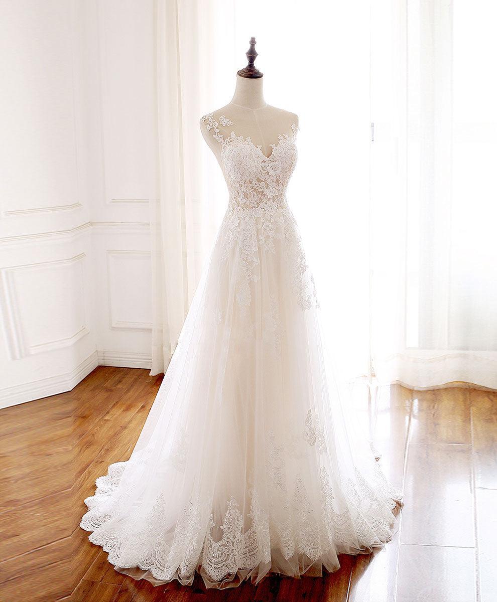 Handmade Ivory Round Neck Tulle Lace Long Handmade Wedding Dress Ivory Tulle Bridal Gown
