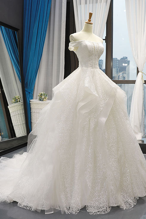 Handmade Ivory Tulle Lace Off the Shoulder Long Handmade Wedding Dress Lace Bridal Gown