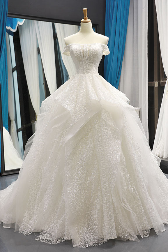 Handmade Ivory Tulle Lace Off the Shoulder Long Handmade Wedding Dress Lace Bridal Gown