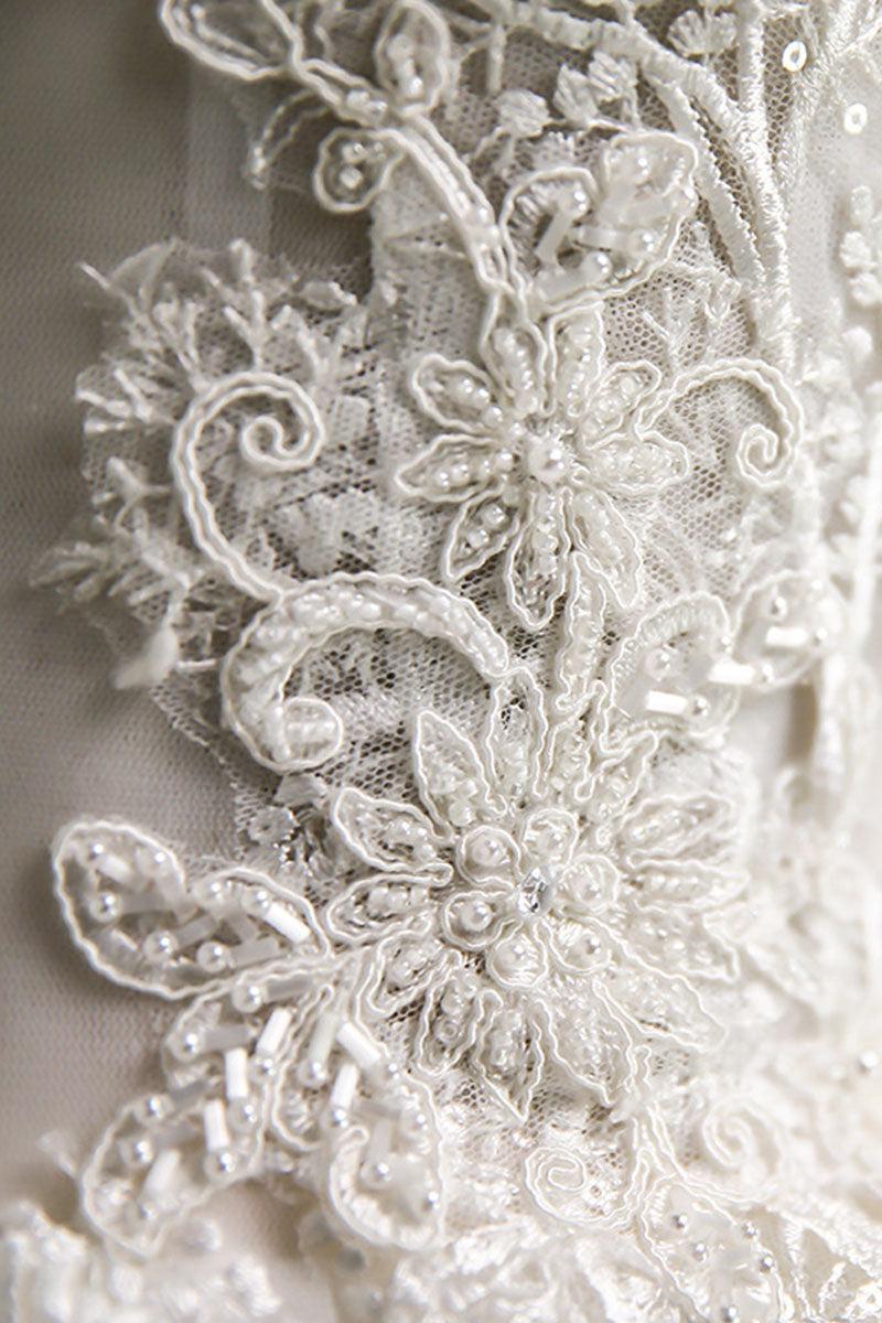 Handmade Ivory V Neck Lace Tulle Long Handmade Wedding Dress Bridal Gown