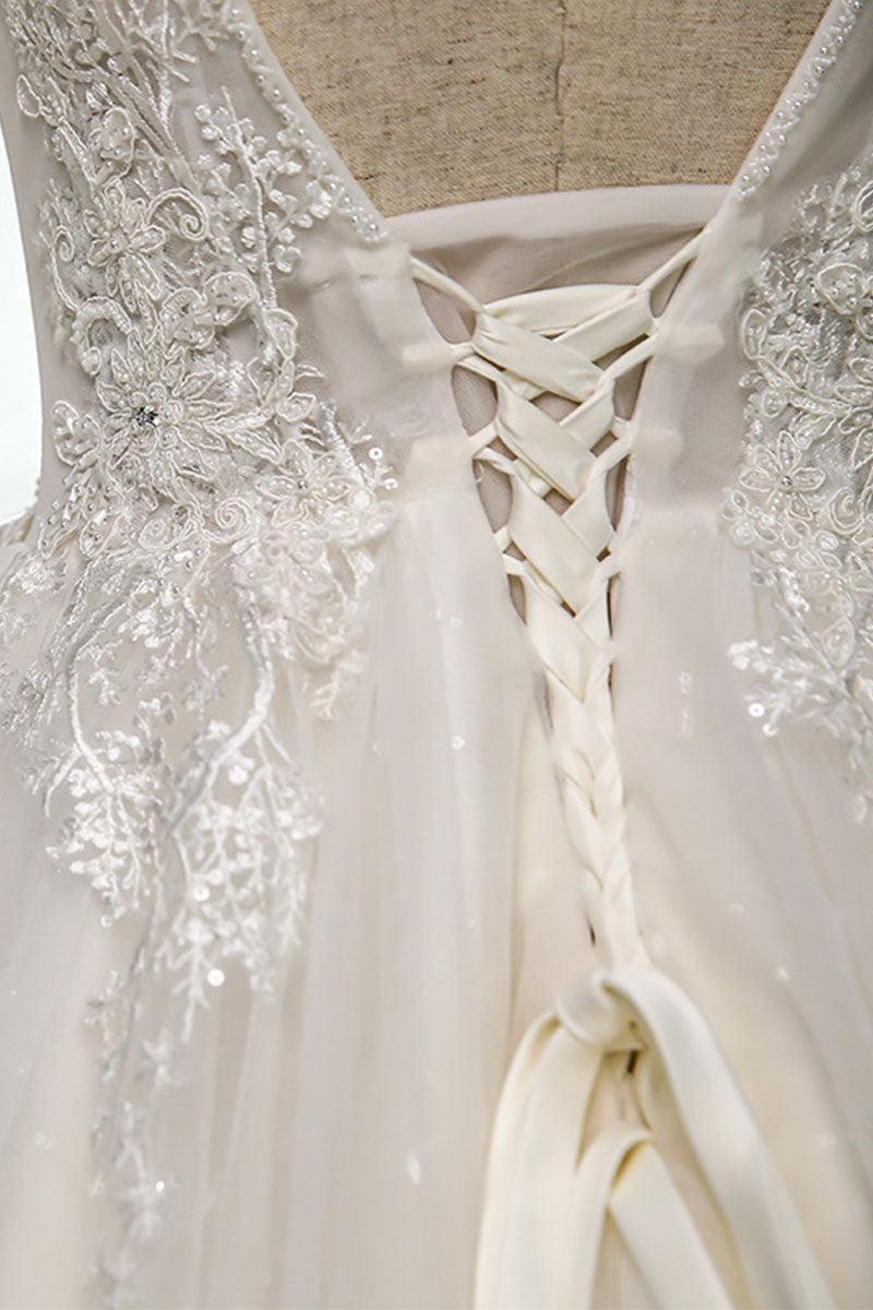 Handmade Ivory V Neck Lace Tulle Long Handmade Wedding Dress Bridal Gown