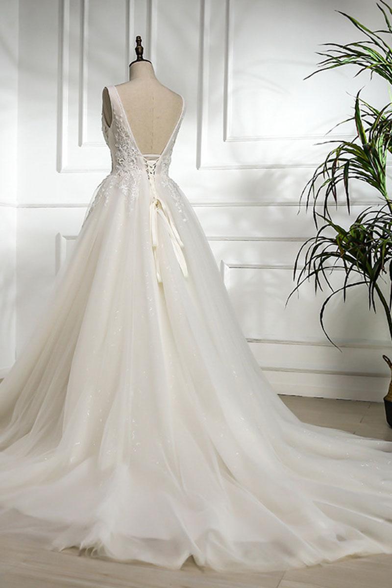Handmade Ivory V Neck Lace Tulle Long Handmade Wedding Dress Bridal Gown