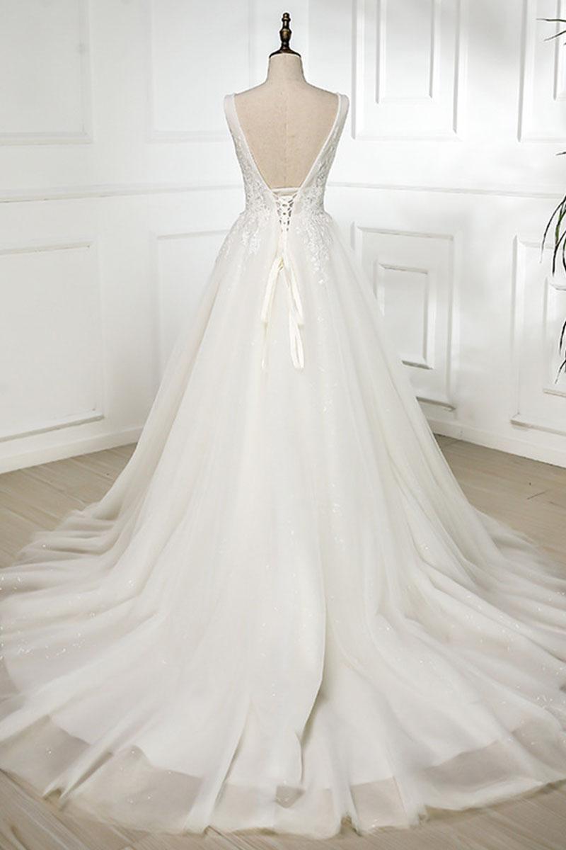 Handmade Ivory V Neck Lace Tulle Long Handmade Wedding Dress Bridal Gown