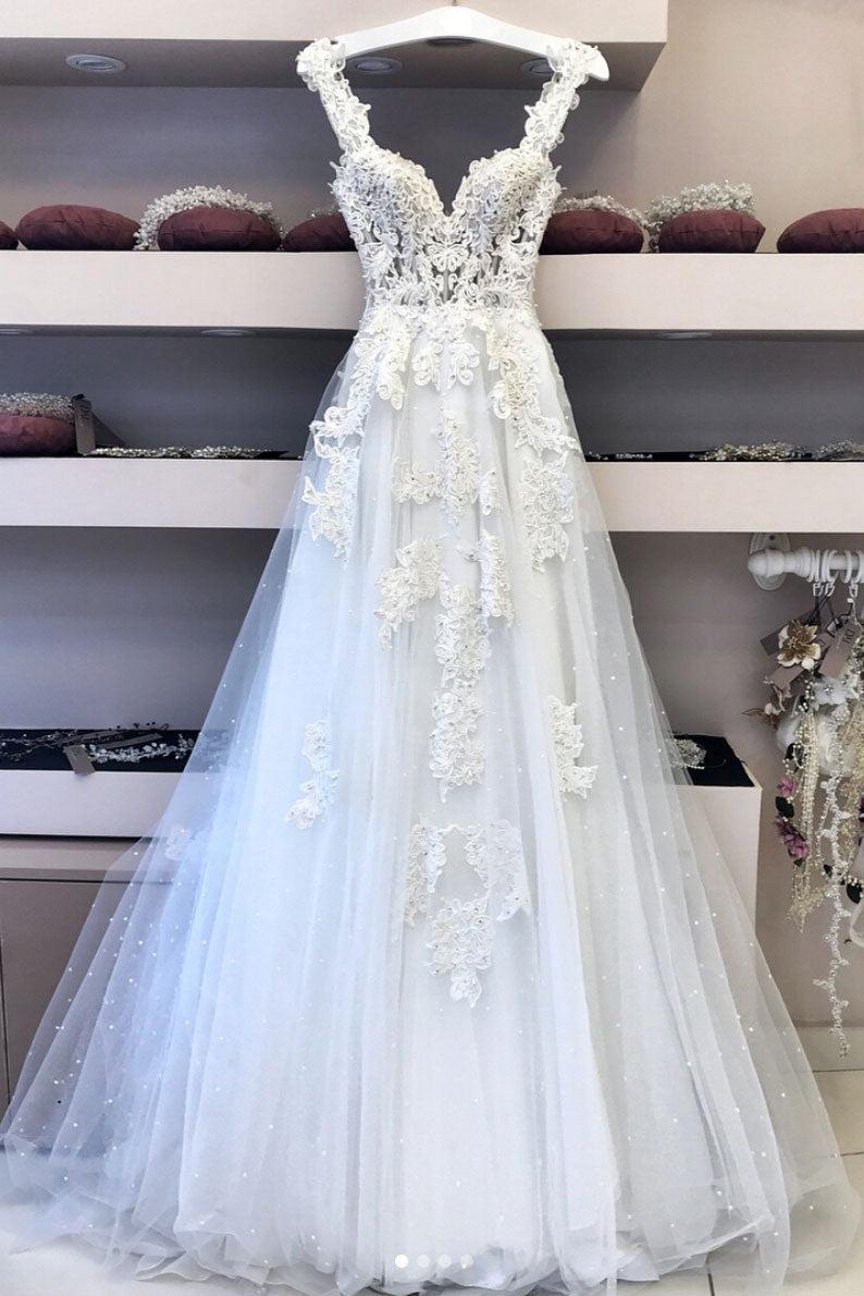Handmade Ivory V Neck Lace Tulle Long Lace Prom DressBridal Gown