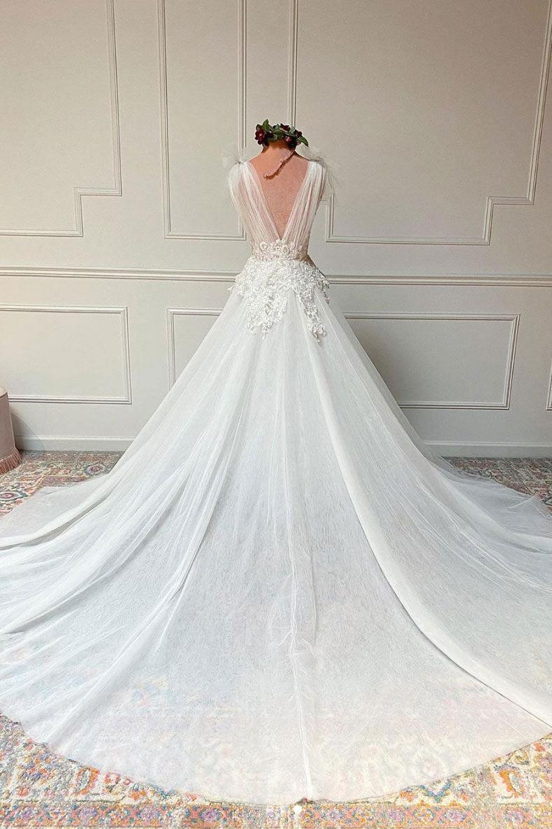 Handmade Ivory V Neck Tulle Lace Long Handmade Wedding Dress Tulle Bridal Gown