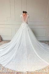 Handmade Ivory V Neck Tulle Lace Long Handmade Wedding Dress Tulle Bridal Gown