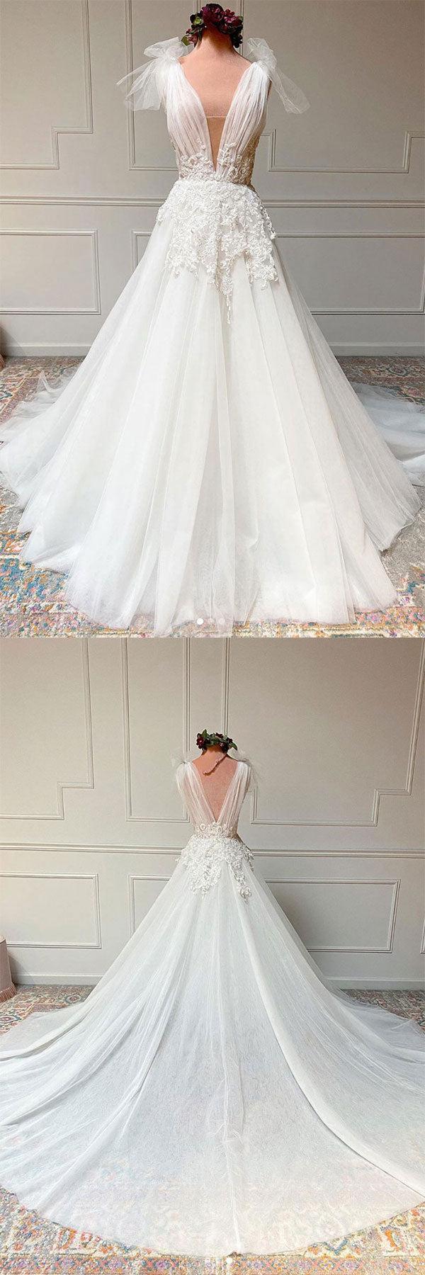 Handmade Ivory V Neck Tulle Lace Long Handmade Wedding Dress Tulle Bridal Gown