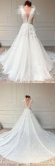 Handmade Ivory V Neck Tulle Lace Long Handmade Wedding Dress Tulle Bridal Gown