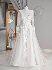 Handmade Ivory V Neck Tulle Lace Long Lace Beach Bridal Gown