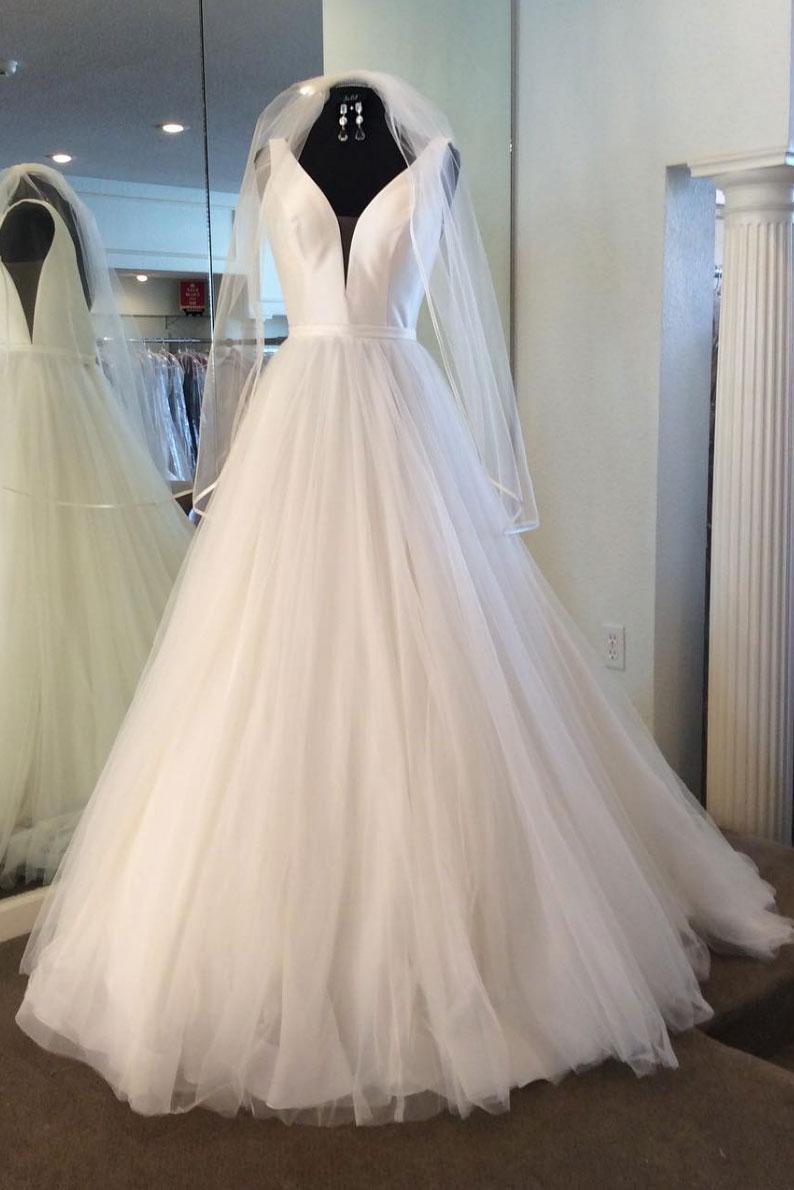 Handmade Ivory V Neck Tulle Long Handmade Wedding Dress Bridal Gown