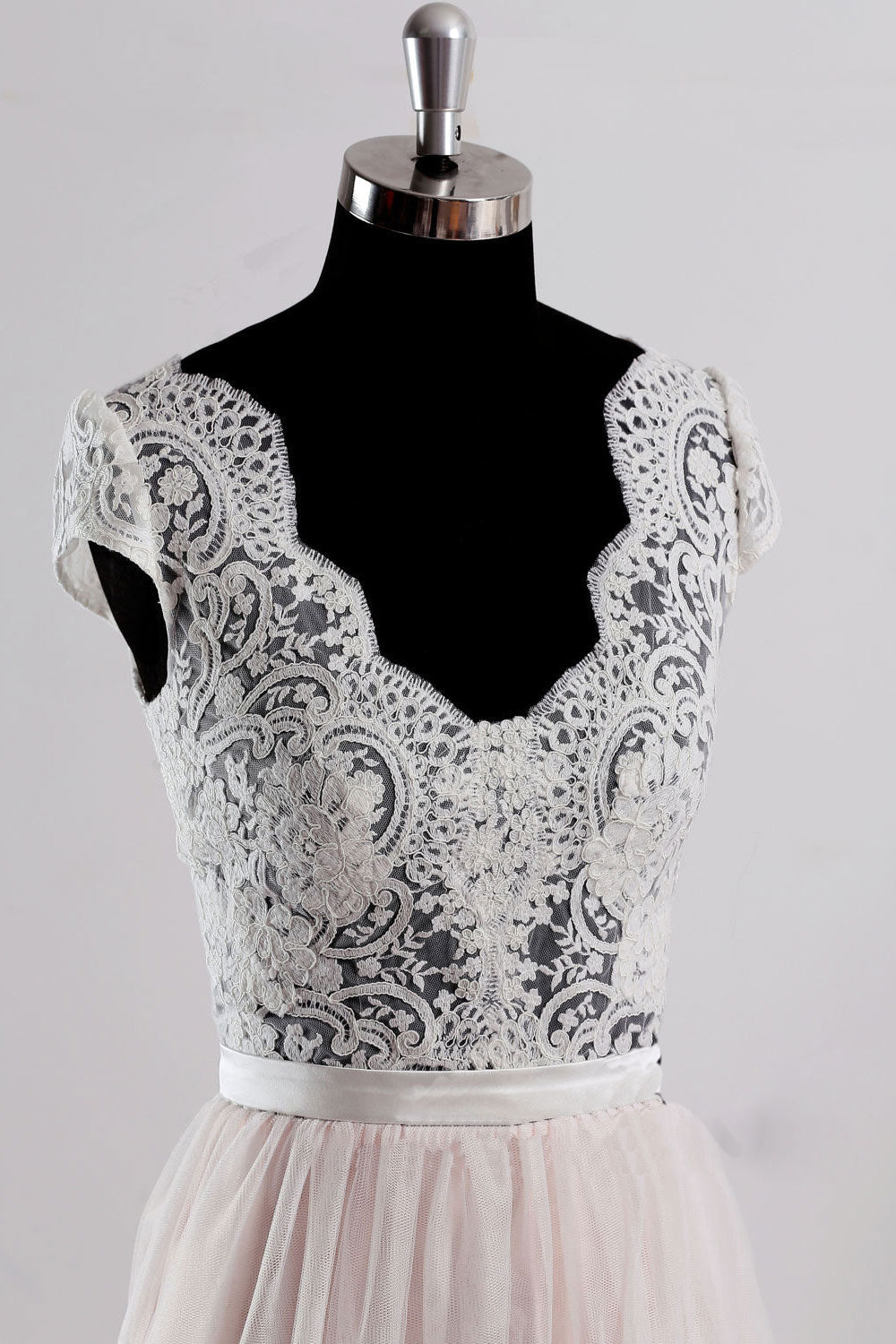 Handmade Pink V Neck Lace Tulle Long Handmade Wedding Dress Pink Bridal Gown