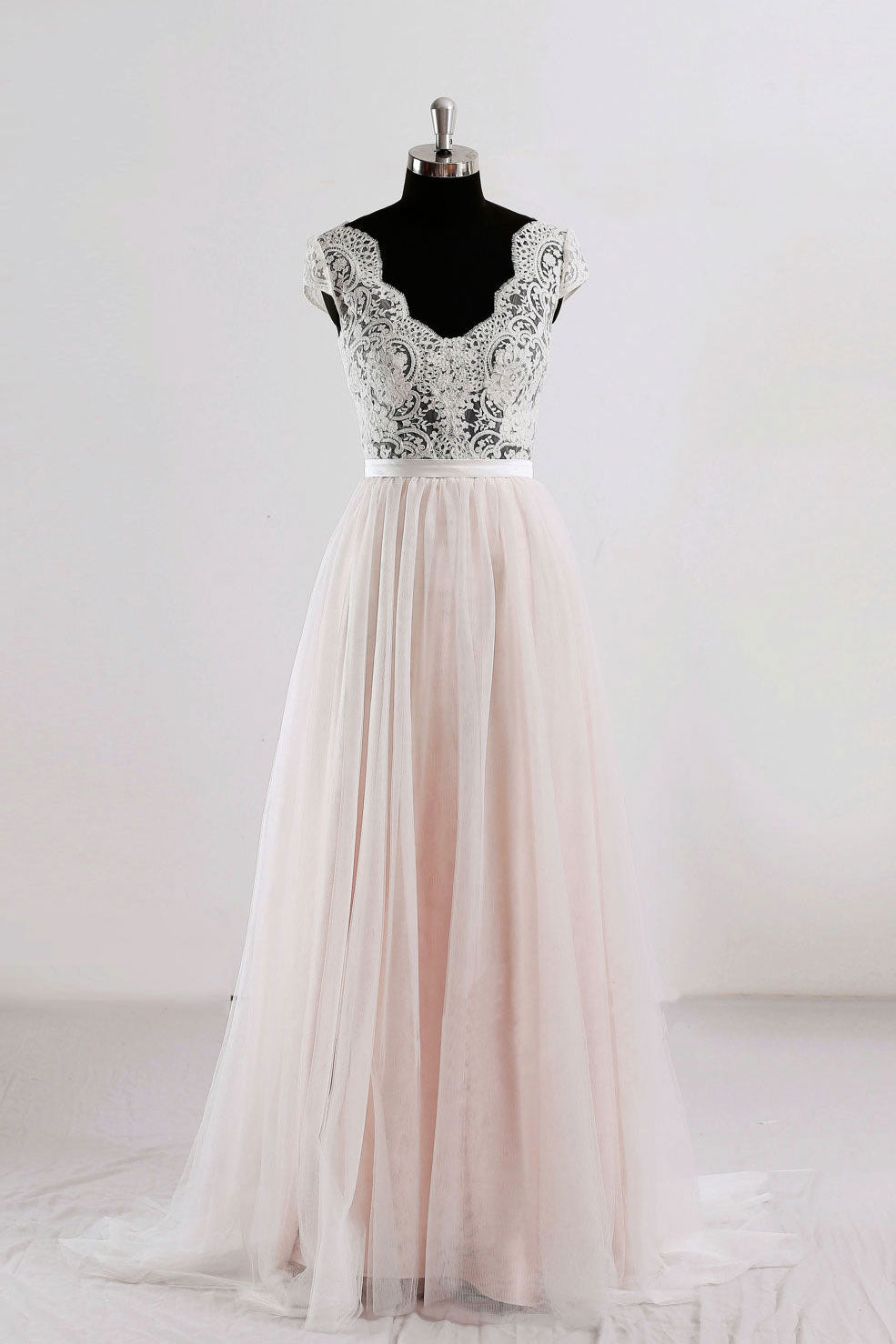 Handmade Pink V Neck Lace Tulle Long Handmade Wedding Dress Pink Bridal Gown