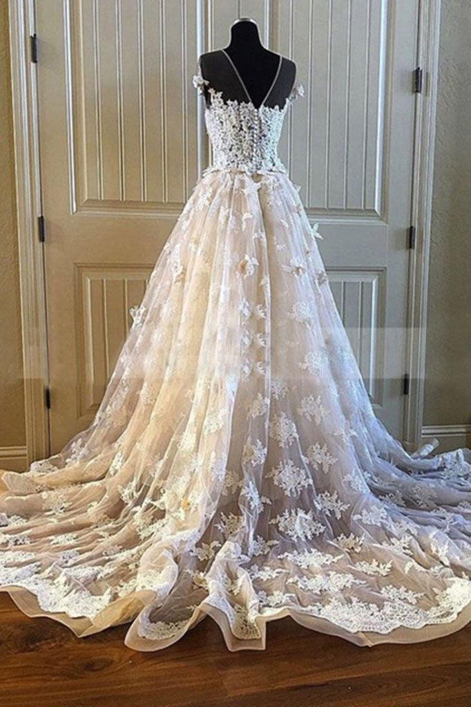 Handmade Round Neck Lace Long Handmade Wedding Dress Bridal Gown
