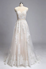 Handmade Round Neck Tulle Lace Long Bridal Gown