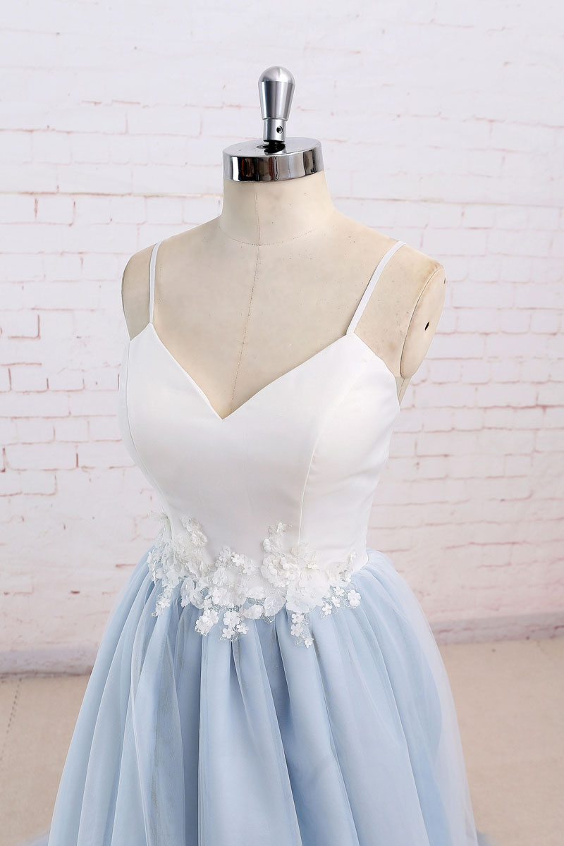 Handmade Simple Blue Prom Dress Tulle Long Wedding Guest Dress Formal Evening Dress