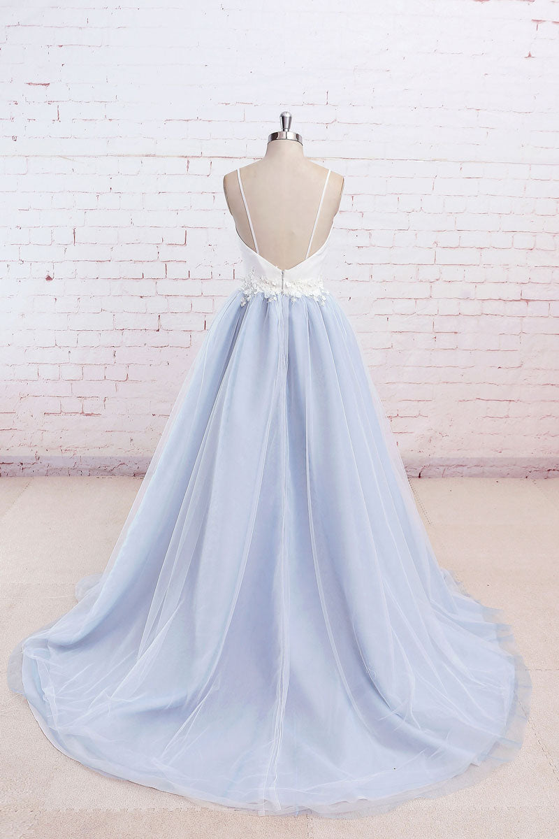 Handmade Simple Blue Prom Dress Tulle Long Wedding Guest Dress Formal Evening Dress