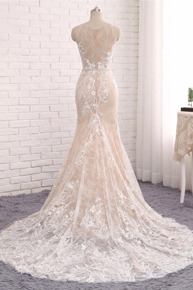 Handmade Unique Round Neck Lace Mermaid Long Evening Dress Bridal Gown