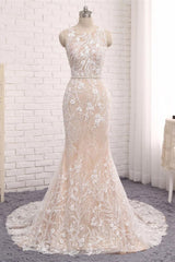 Handmade Unique Round Neck Lace Mermaid Long Evening Dress Bridal Gown
