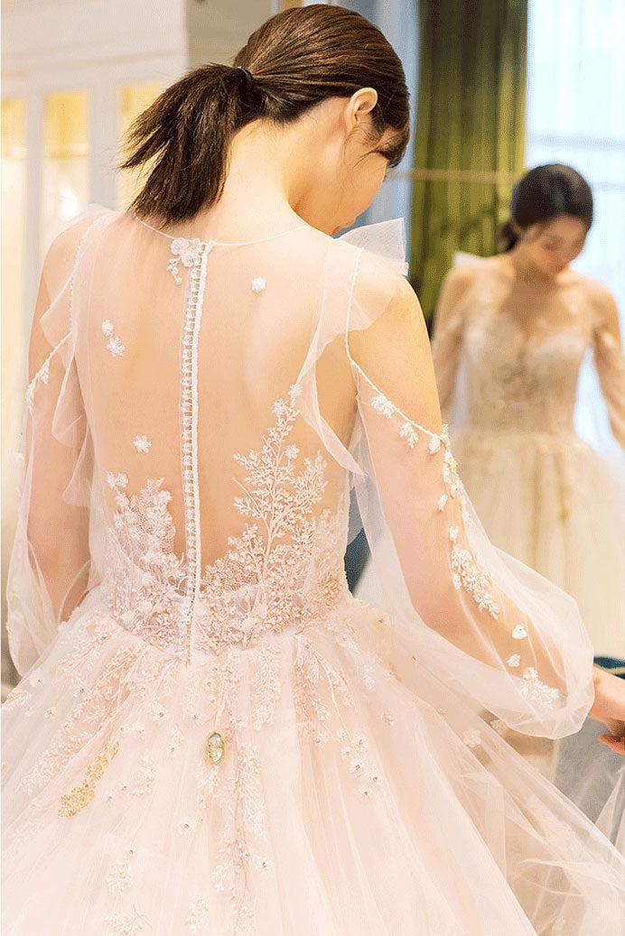 Handmade Unique Round Neck Tulle Lace Long Bridal Dress