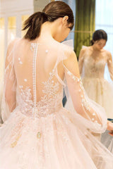Handmade Unique Round Neck Tulle Lace Long Bridal Dress