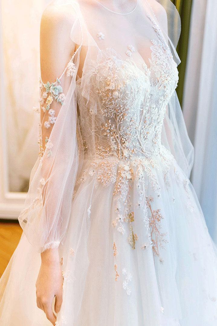 Handmade Unique Round Neck Tulle Lace Long Bridal Dress