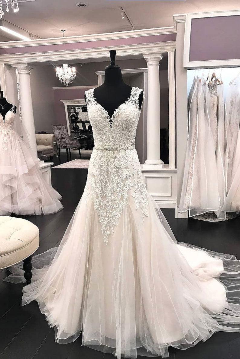 Handmade Unique V Neck Tulle Lace Long Bridal Dress