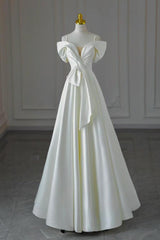 Handmade Wedding Dress A Line Off the Shoulder Satin Ivory Long Formal Dress Evening Dress