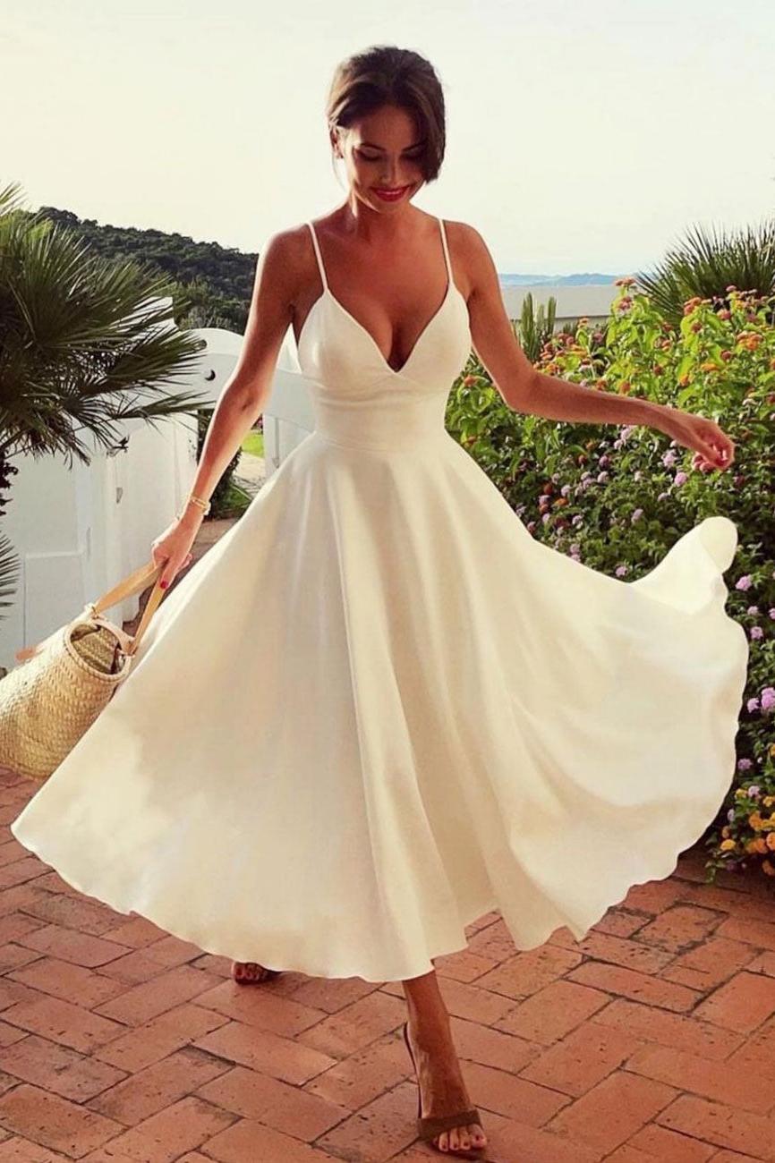 Handmade Wedding Dress A Line V Neck Ivory Satin Tea Length Formal Wedding Party Dress