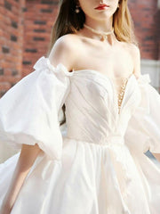 Handmade Wedding Dress Cute Ivory Long Sleeve Taffeta Short Evening Dress
