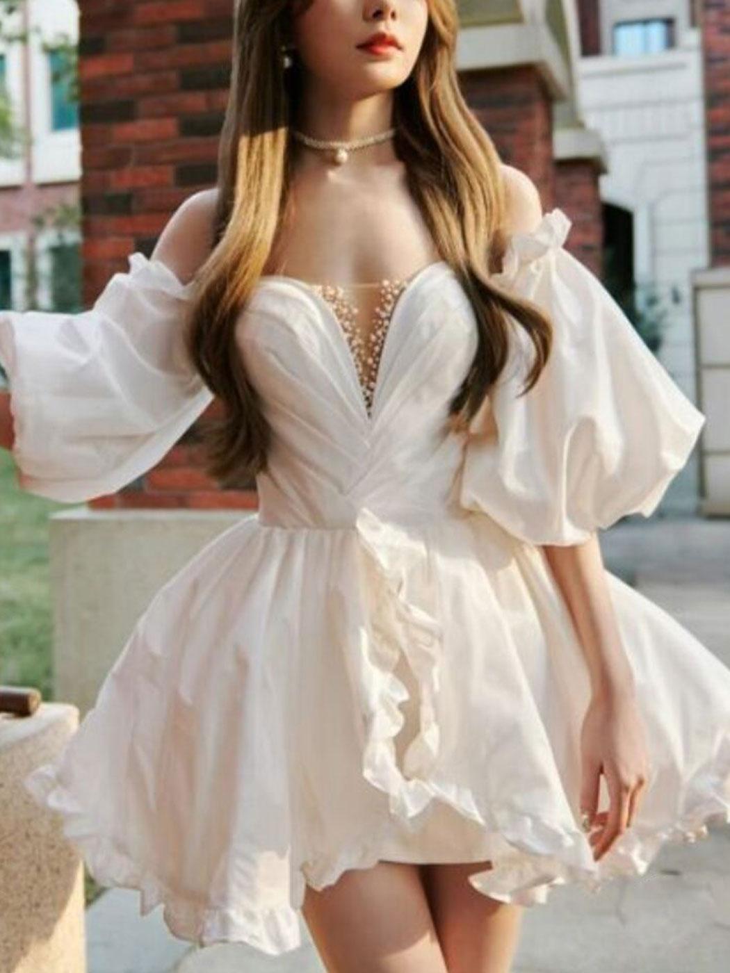 Handmade Wedding Dress Cute Ivory Long Sleeve Taffeta Short Evening Dress