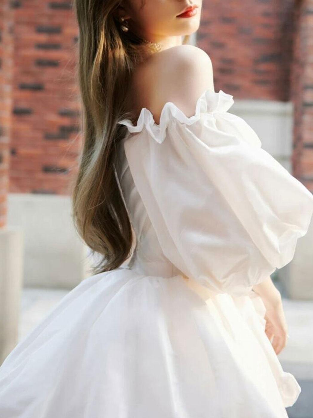 Handmade Wedding Dress Cute Ivory Long Sleeve Taffeta Short Evening Dress