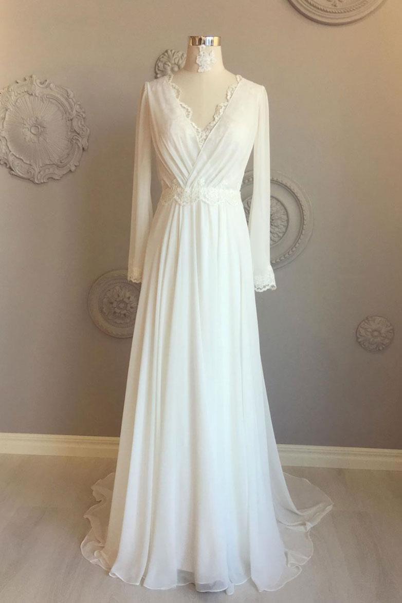 Handmade Wedding Dress Ivory Chiffon V Neck Long Evening Dress