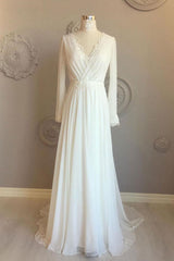 Handmade Wedding Dress Ivory Chiffon V Neck Long Evening Dress